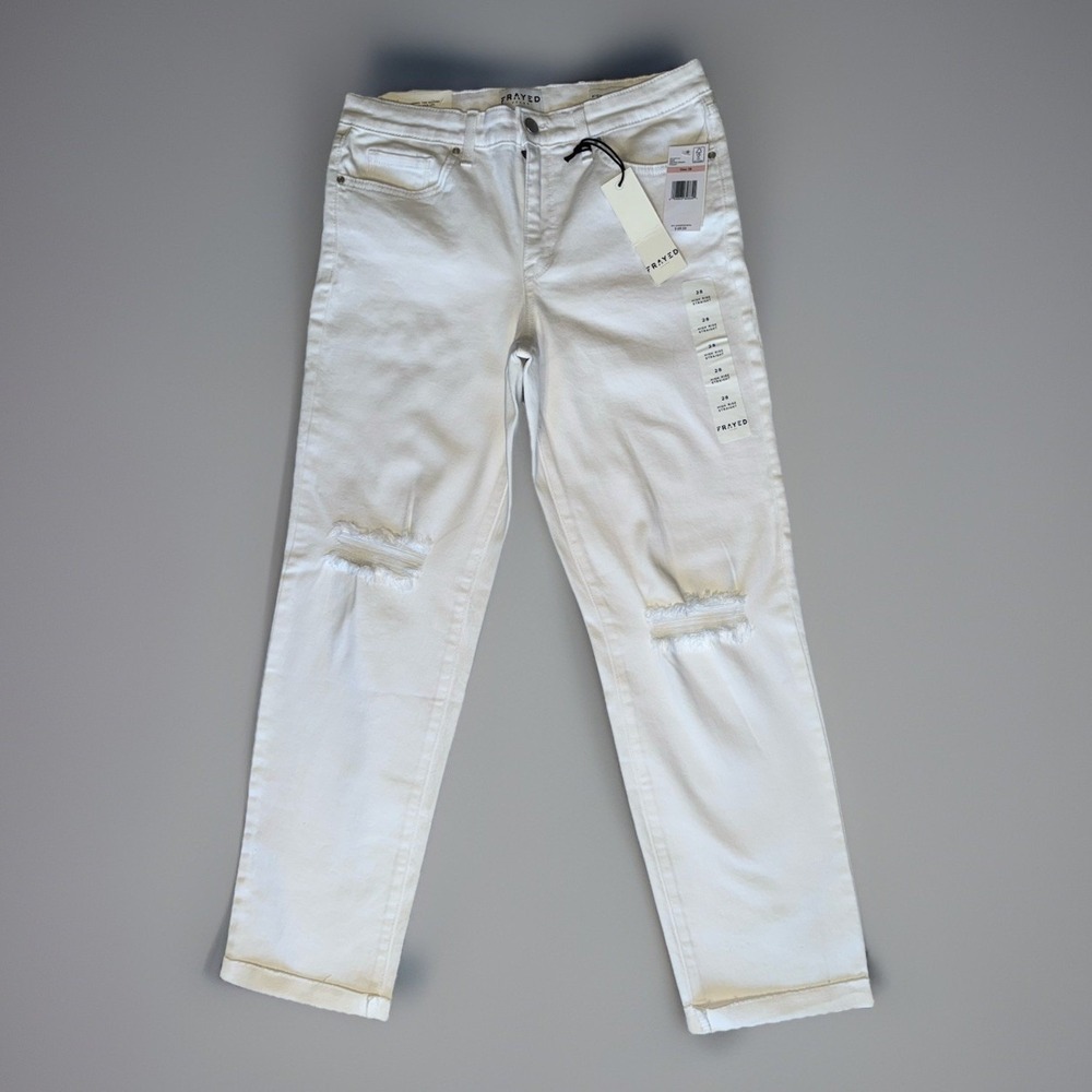 NWT Frayed Destroyed High Rise Straight White Jeans Womens 28